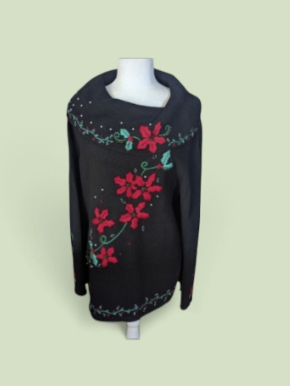 Vtg 90s Holiday Poinsettia Floral Embroidered Bead Black Tunic Cowl Sweater Sz L